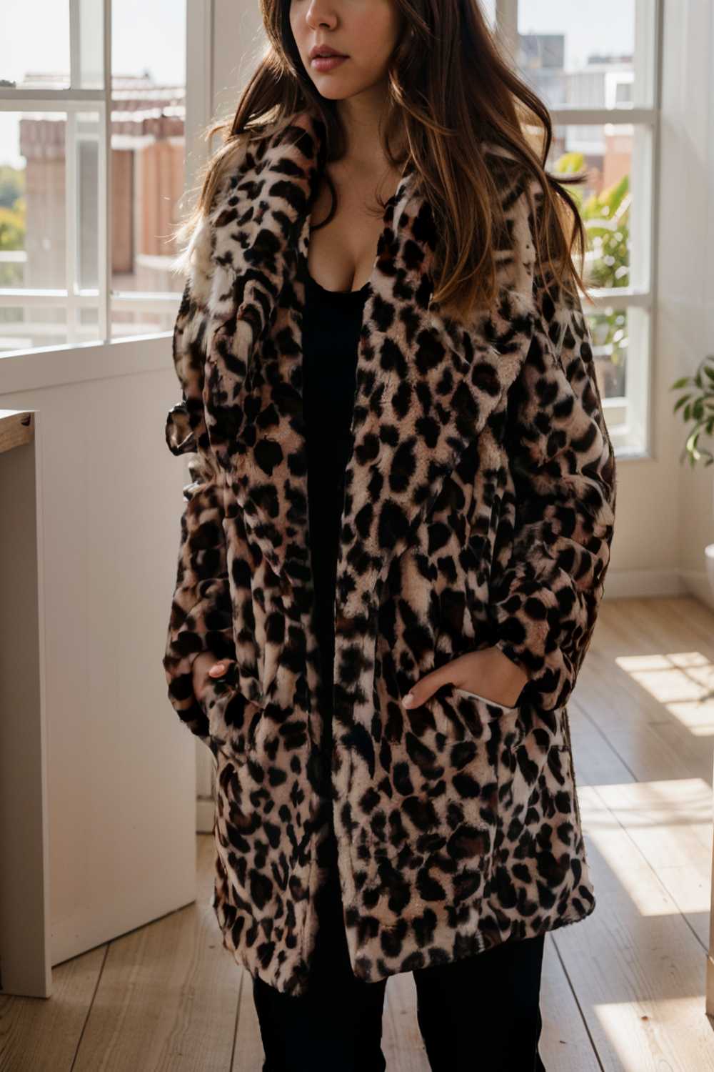 lapel leopard print faux fur long sleeve midi coat 109633