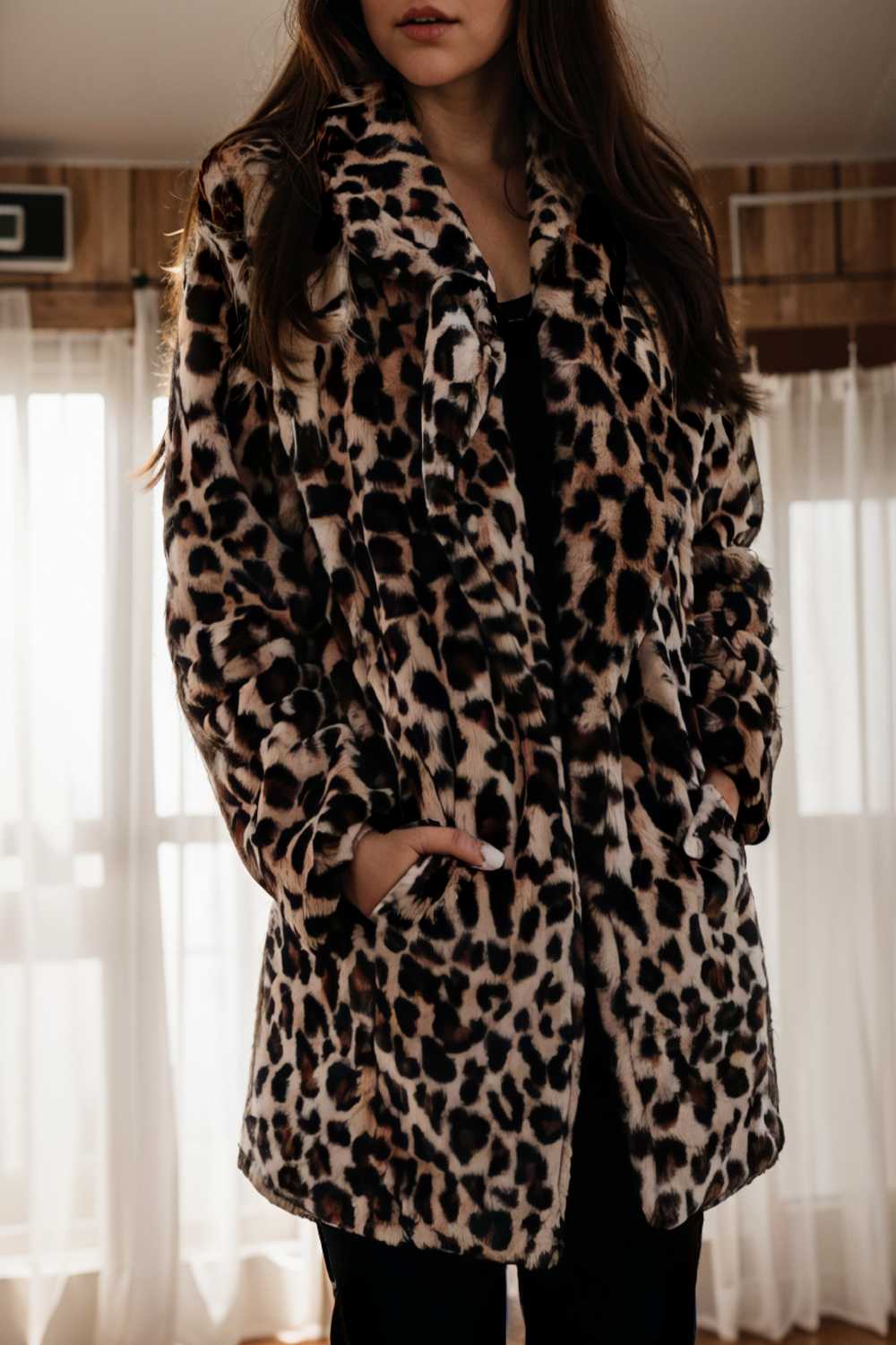lapel leopard print faux fur long sleeve midi coat 112825