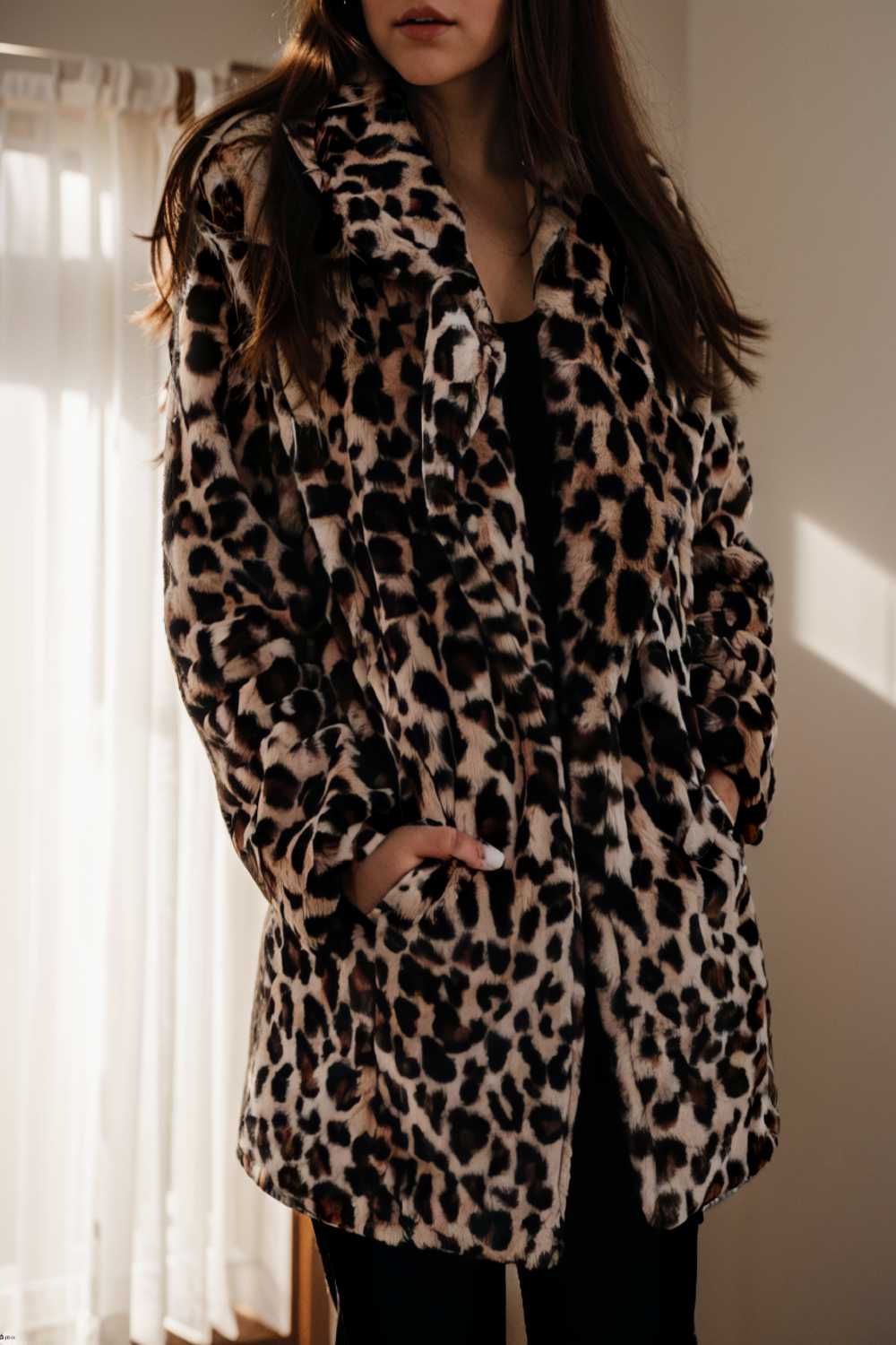 lapel leopard print faux fur long sleeve midi coat 107377