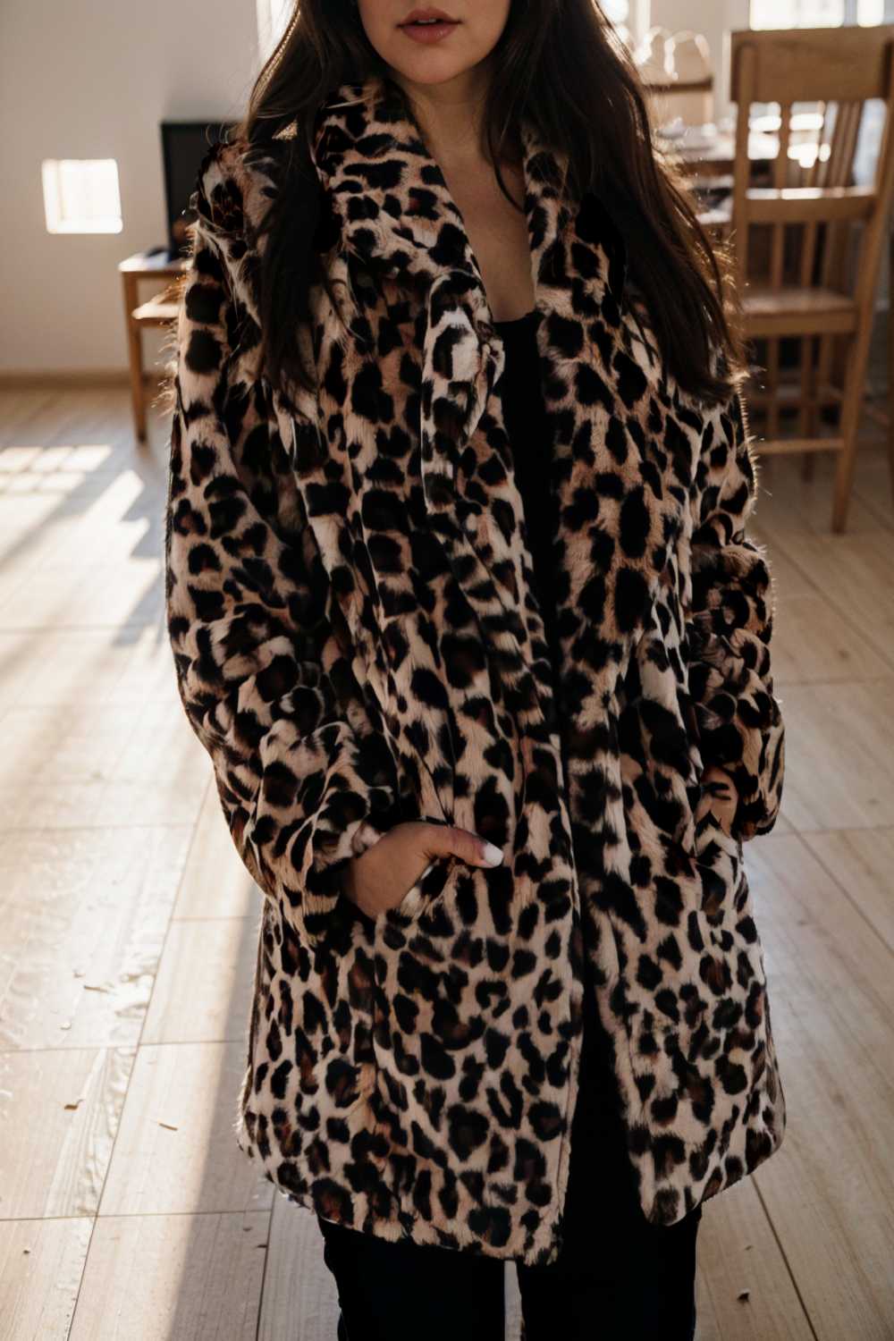 lapel leopard print faux fur long sleeve midi coat 110893