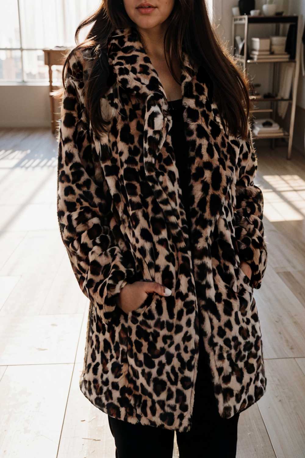lapel leopard print faux fur long sleeve midi coat 109935