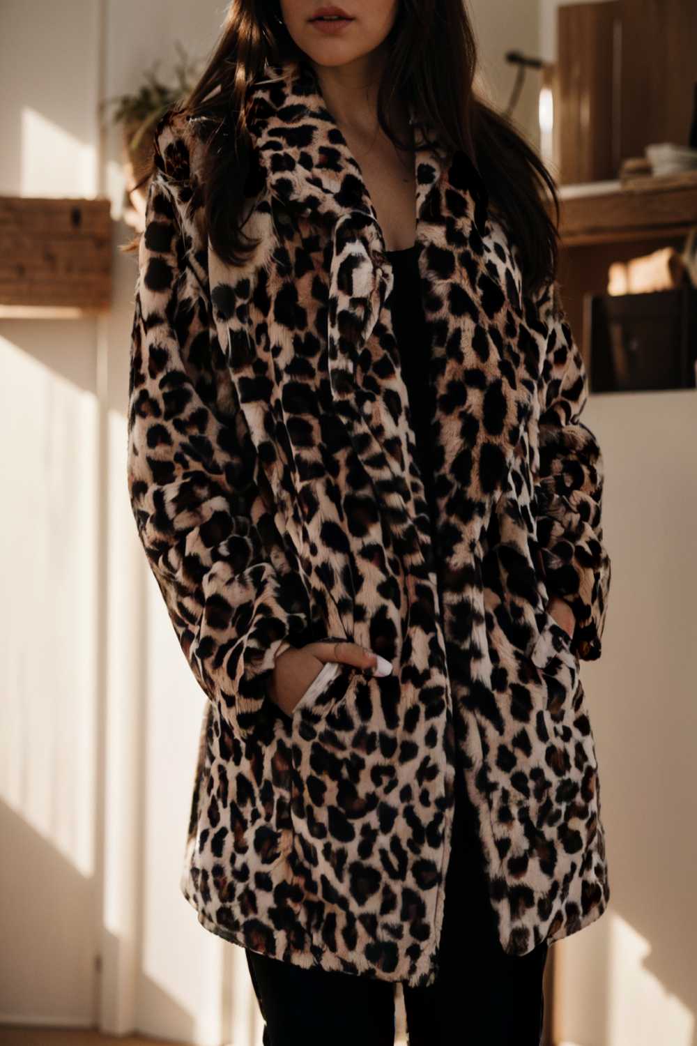 lapel leopard print faux fur long sleeve midi coat 110892
