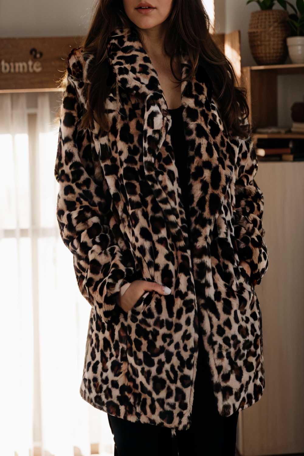 lapel leopard print faux fur long sleeve midi coat 110891