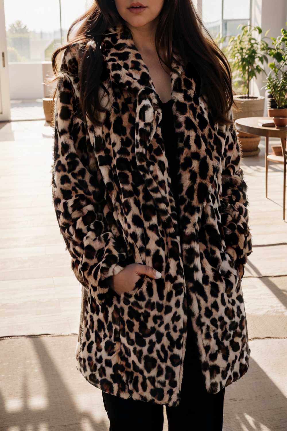 lapel leopard print faux fur long sleeve midi coat 109630