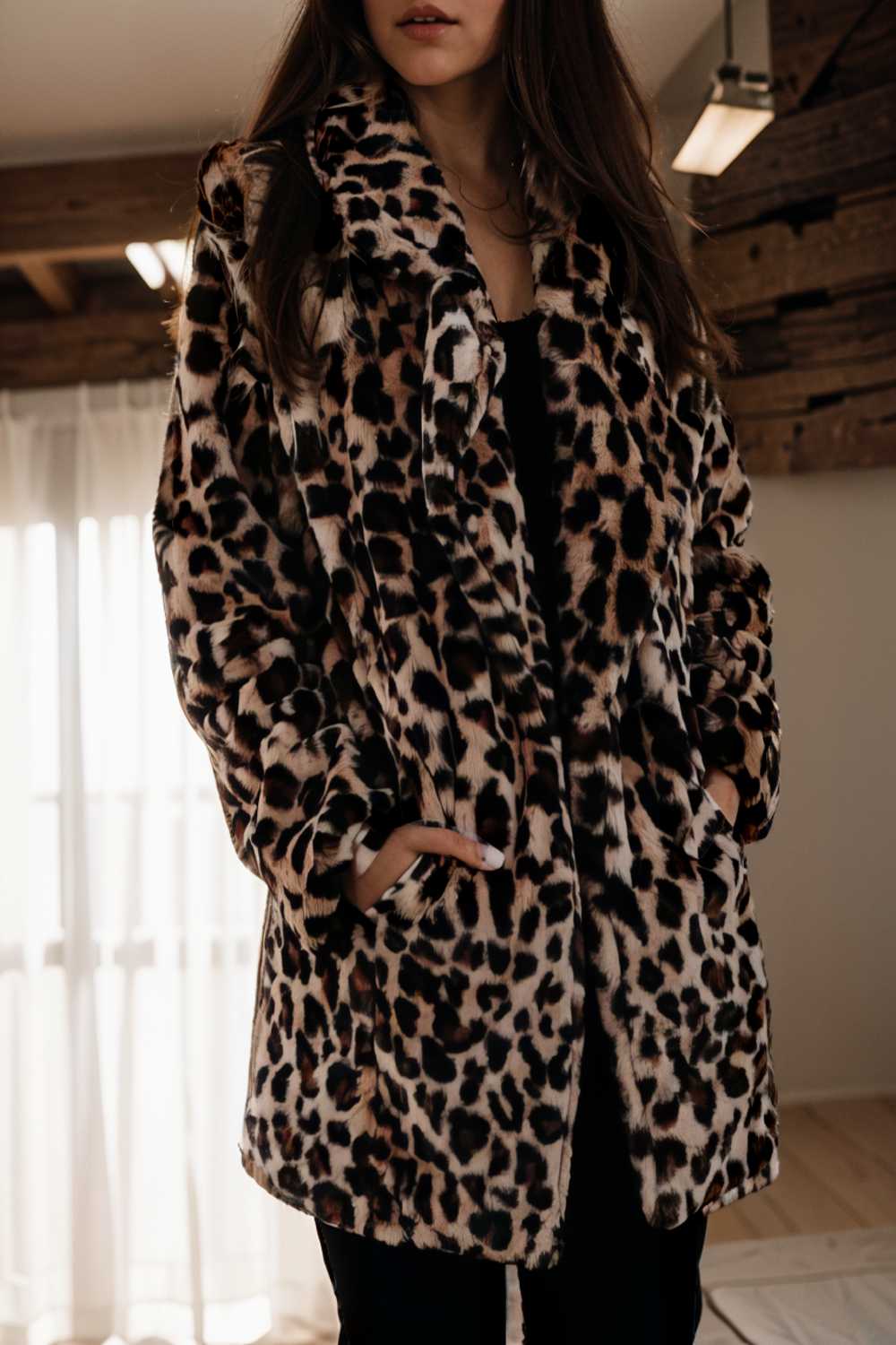 lapel leopard print faux fur long sleeve midi coat 109629