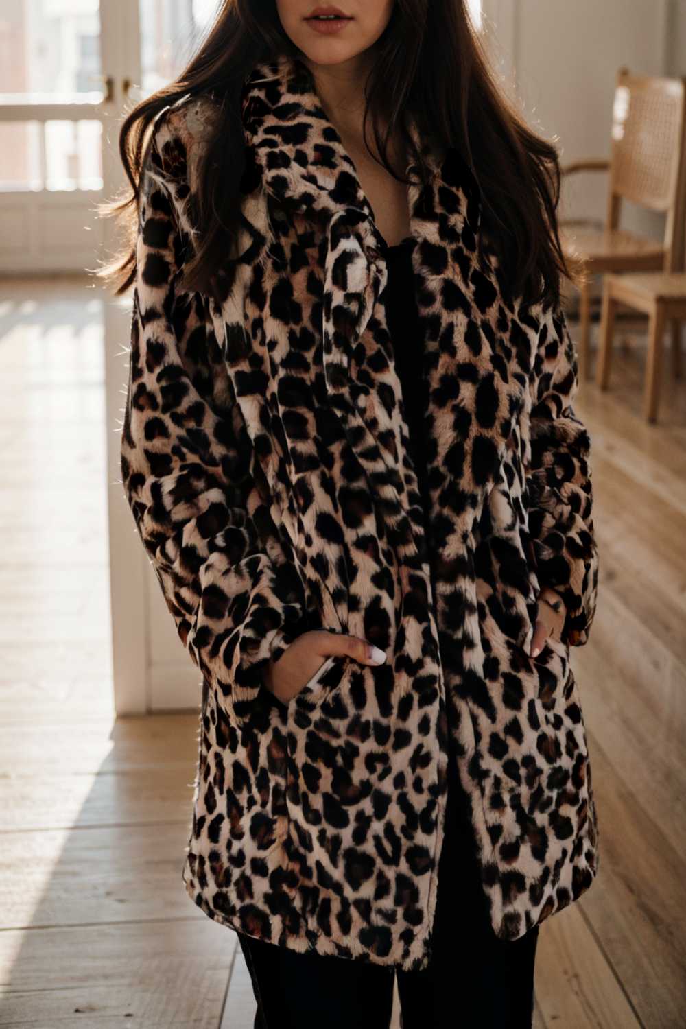lapel leopard print faux fur long sleeve midi coat 110890