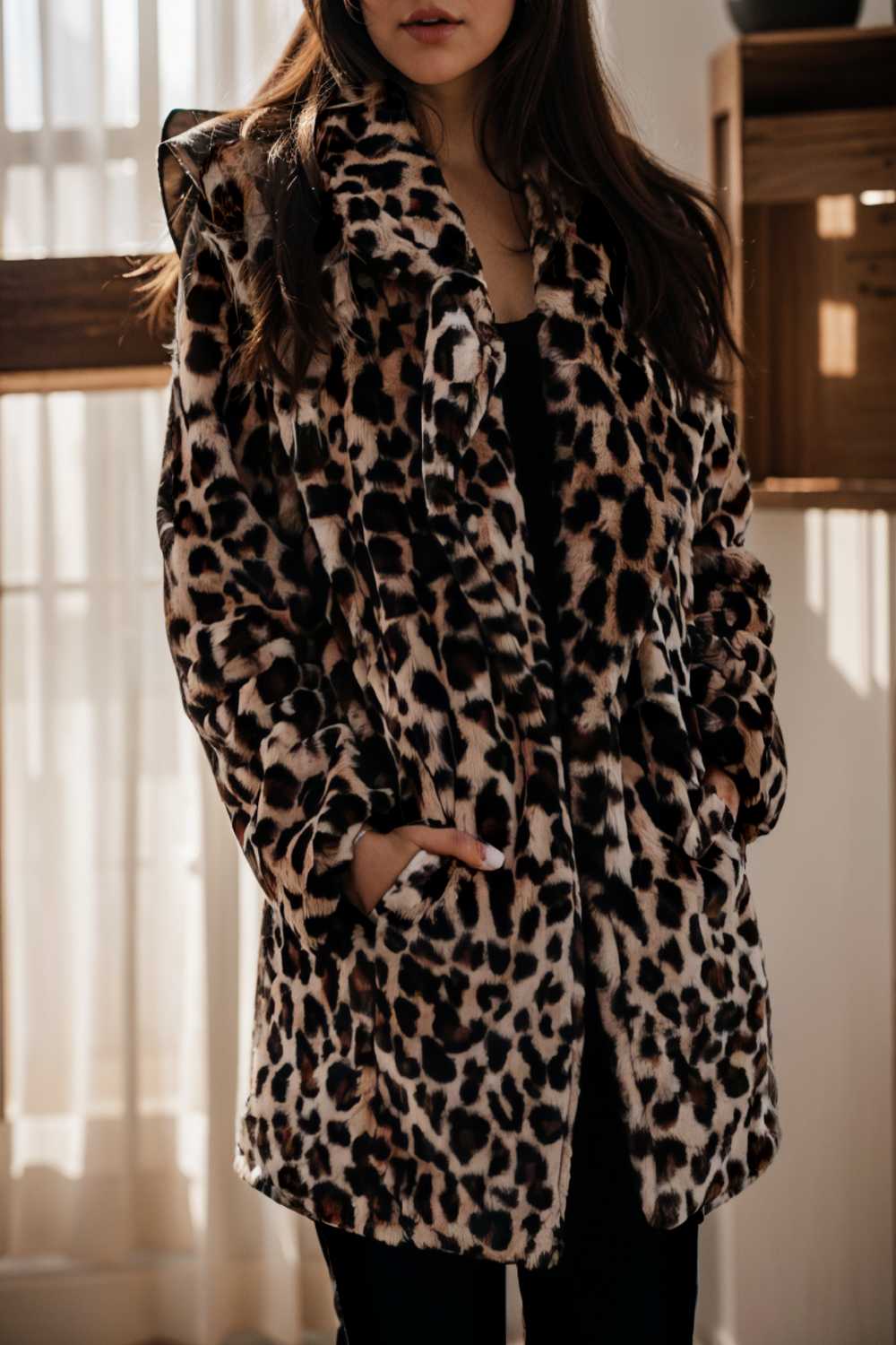 lapel leopard print faux fur long sleeve midi coat 109628