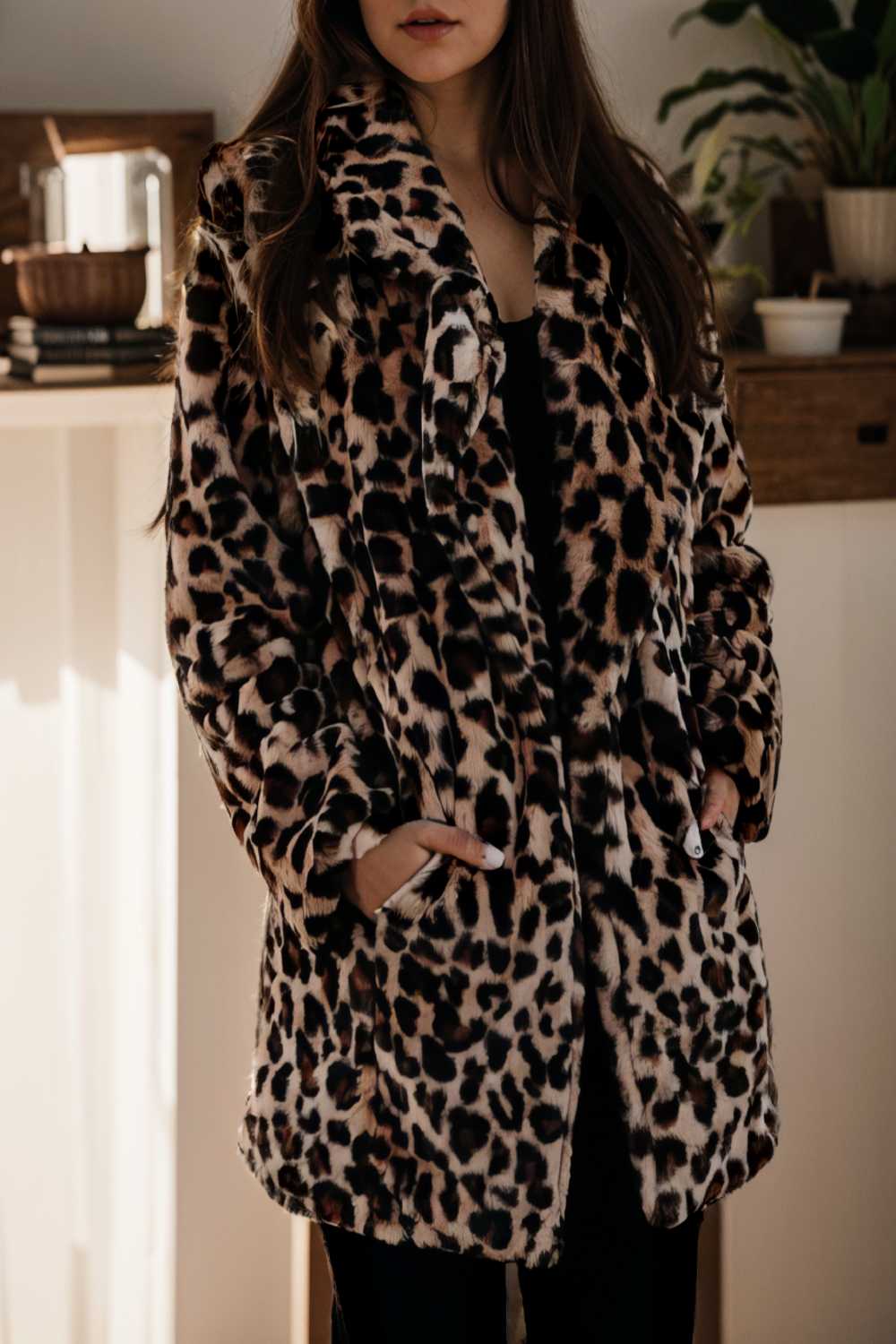 lapel leopard print faux fur long sleeve midi coat 109624