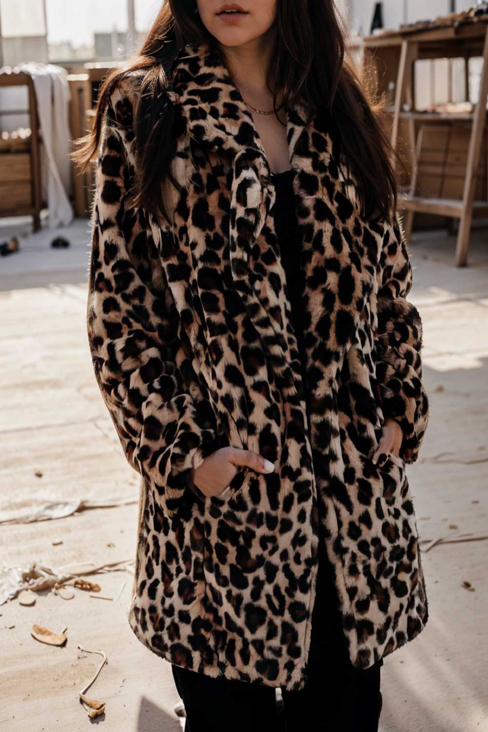 lapel leopard print faux fur long sleeve midi coat 109623