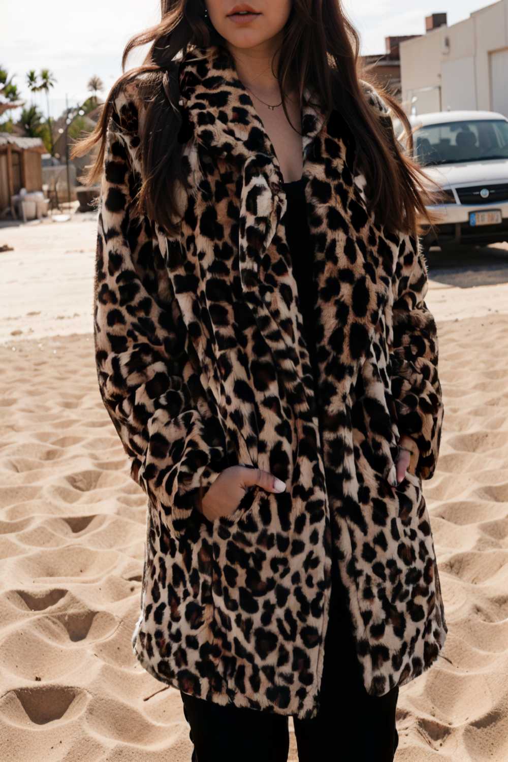 lapel leopard print faux fur long sleeve midi coat 109622