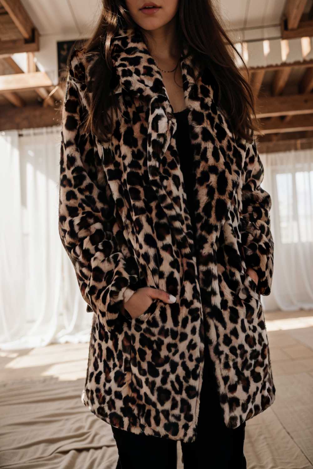 lapel leopard print faux fur long sleeve midi coat 109621