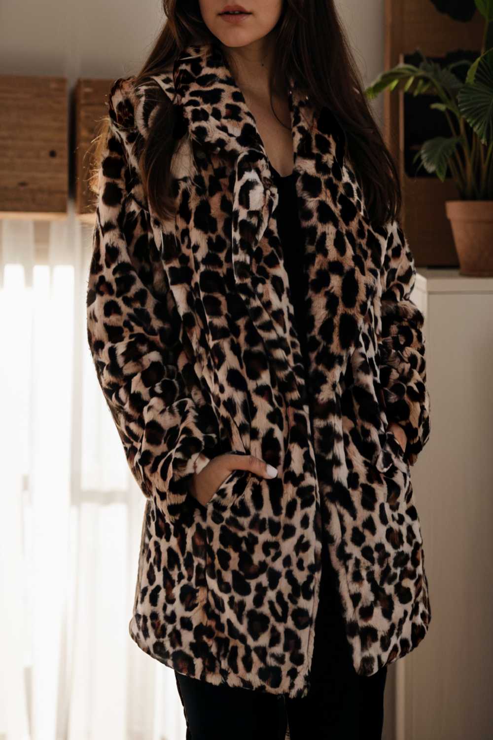lapel leopard print faux fur long sleeve midi coat 109620