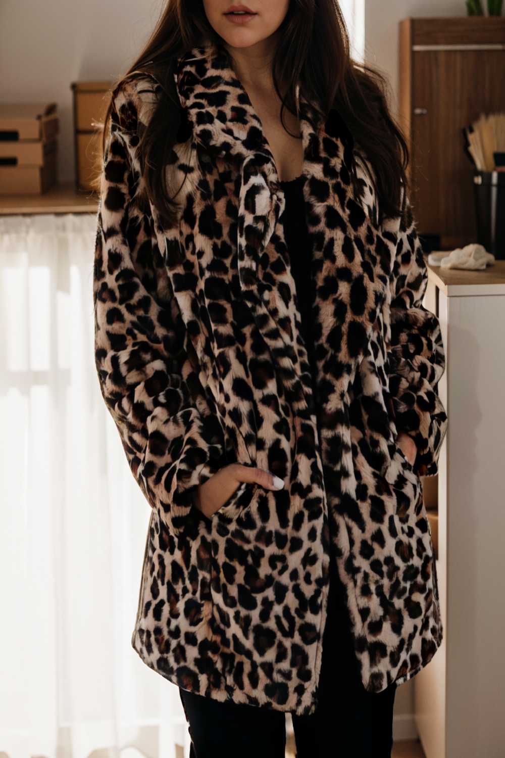 lapel leopard print faux fur long sleeve midi coat 109618