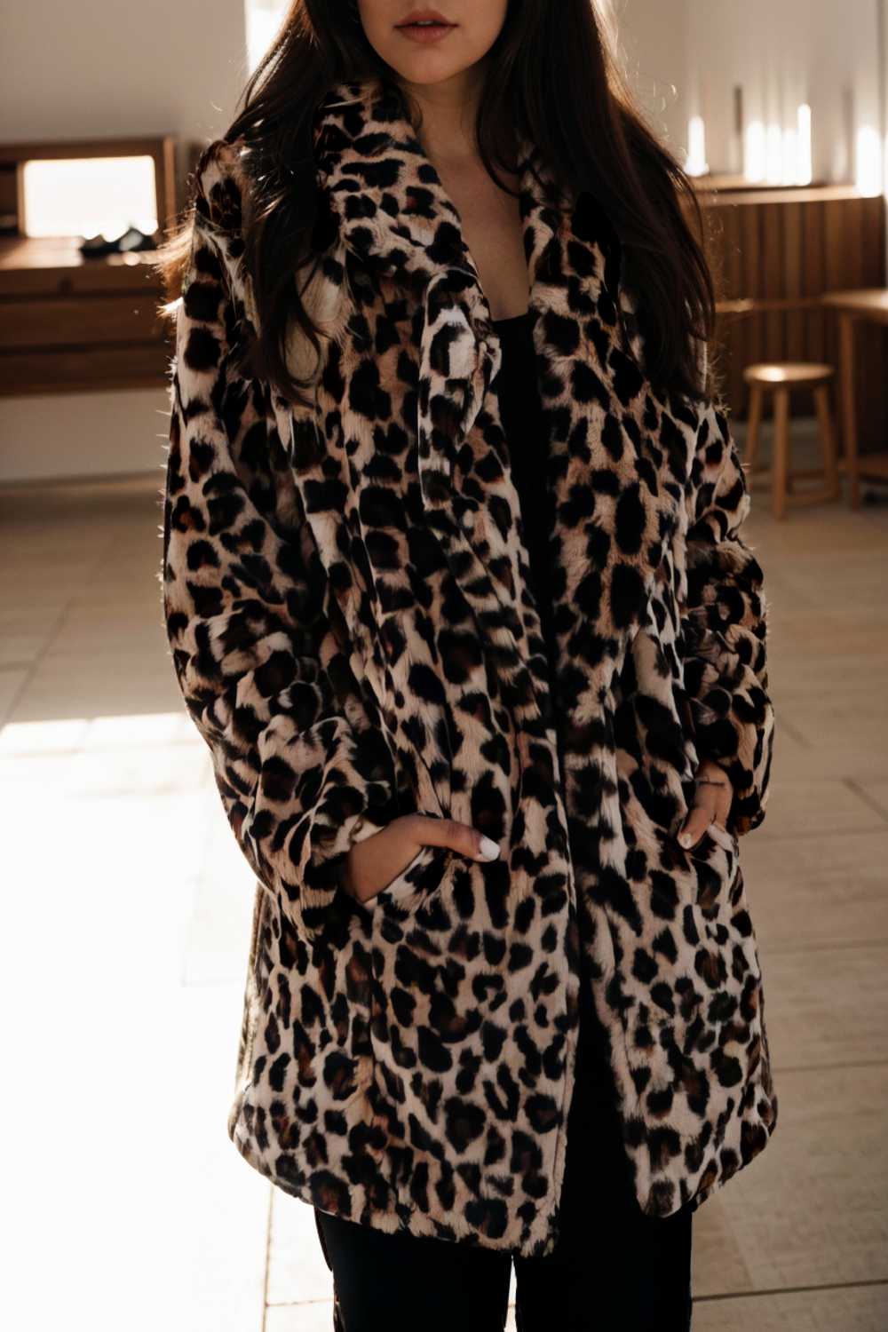 lapel leopard print faux fur long sleeve midi coat 109617