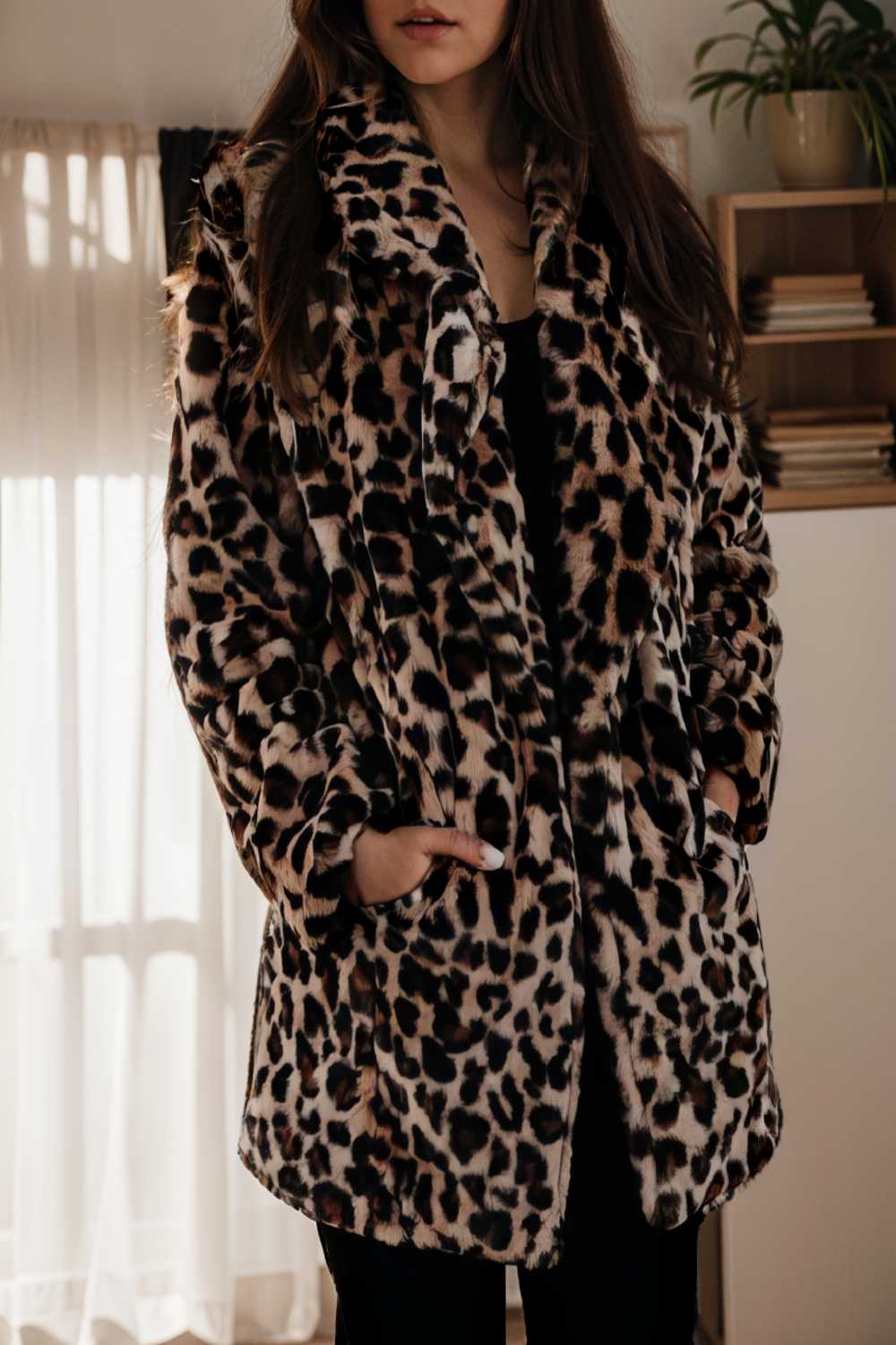 lapel leopard print faux fur long sleeve midi coat 109616