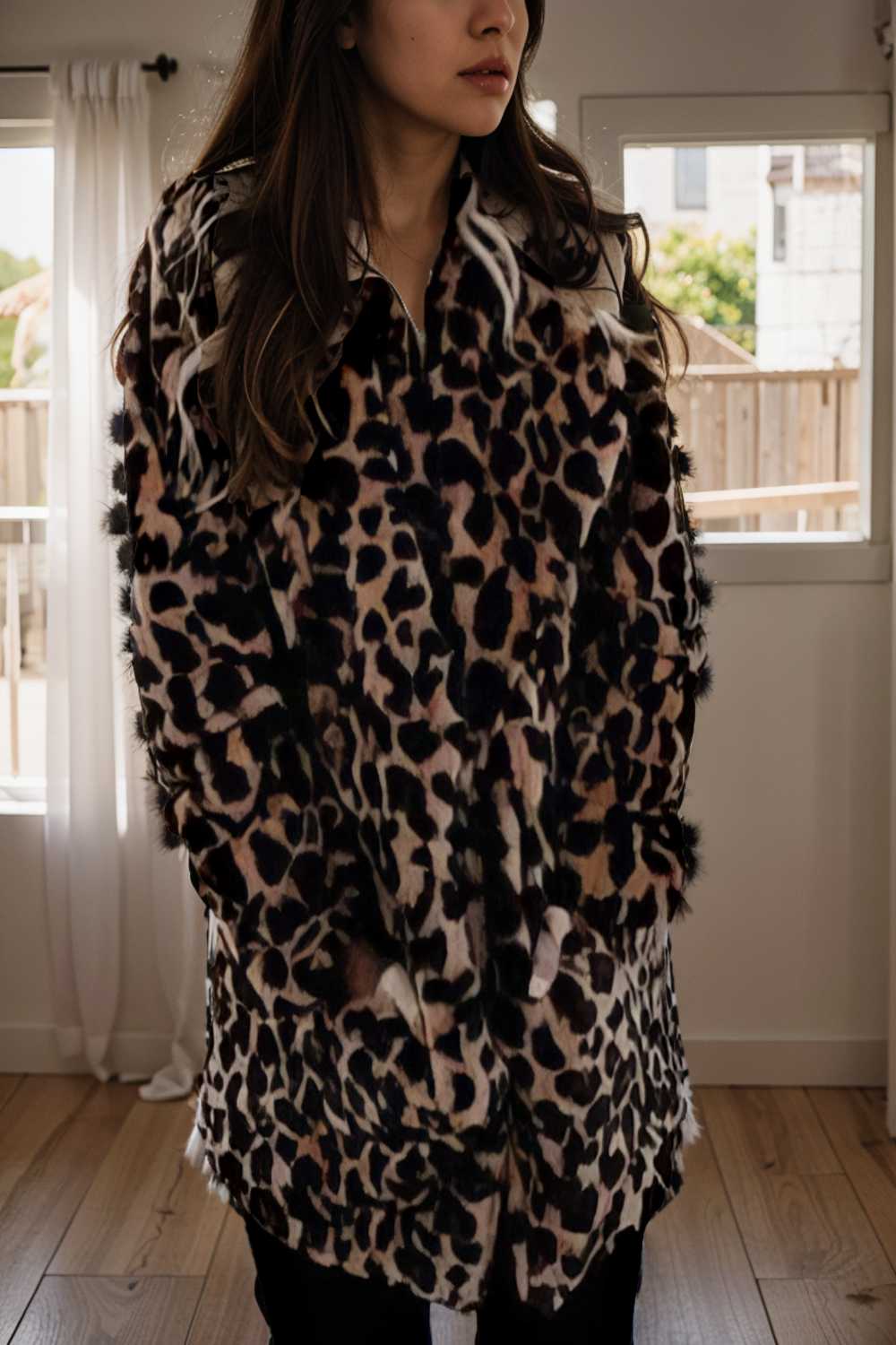 lapel leopard print faux fur long sleeve midi coat 109615