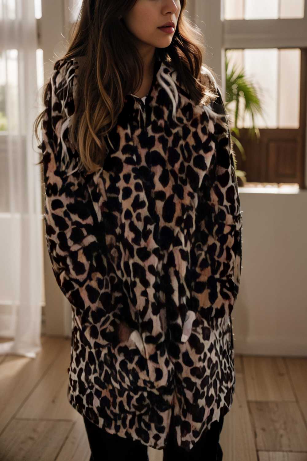 lapel leopard print faux fur long sleeve midi coat 109614