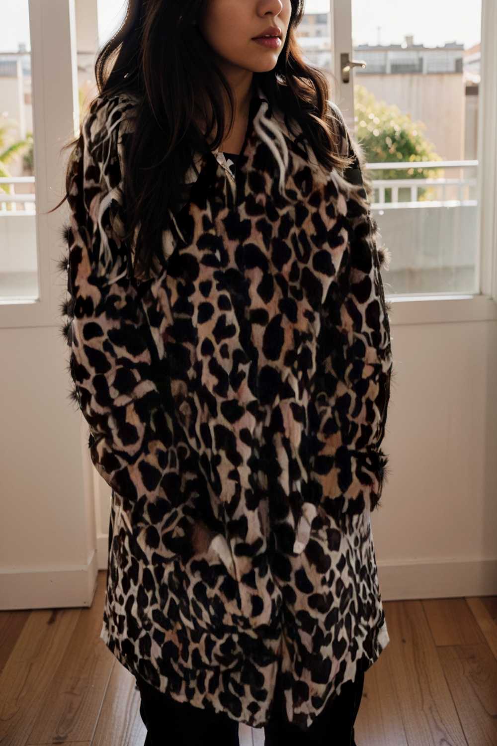 lapel leopard print faux fur long sleeve midi coat 109613
