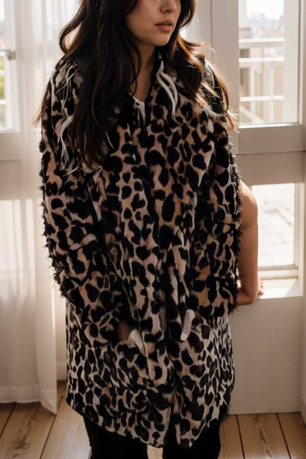 lapel leopard print faux fur long sleeve midi coat 109926