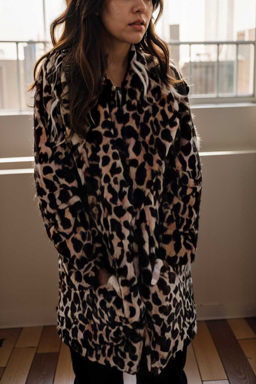 lapel leopard print faux fur long sleeve midi coat 109922
