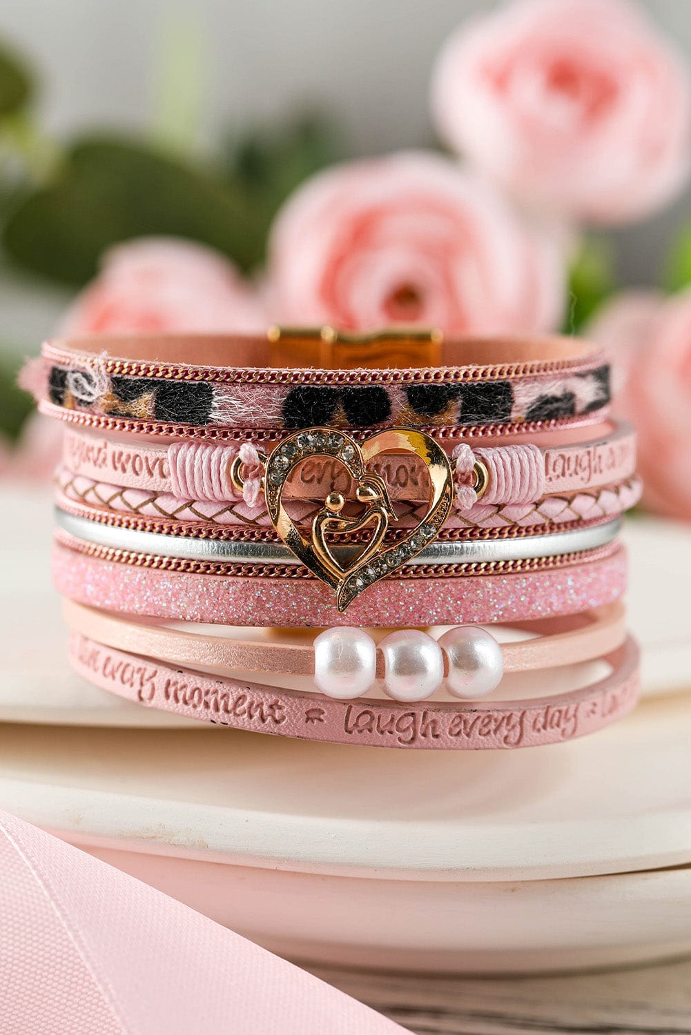 Leopard Print Pink Heart Magnetic Bracelet with Letter Detail