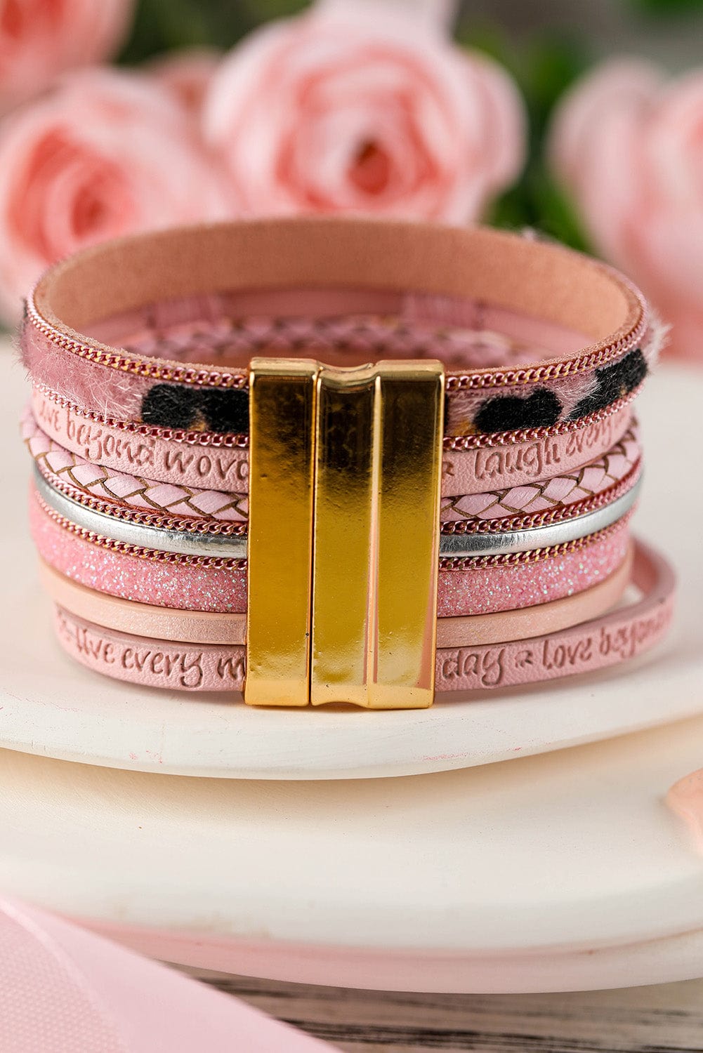 Leopard Print Pink Heart Magnetic Bracelet with Letter Detail
