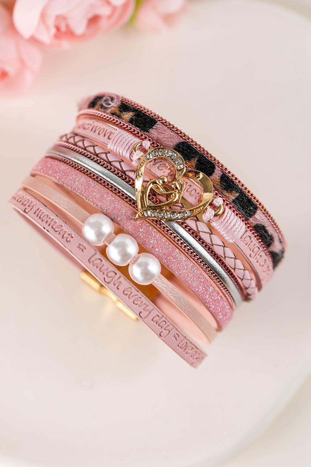 Leopard Print Pink Heart Magnetic Bracelet with Letter Detail