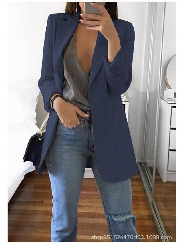 Women's Blazer Casual Pocket Clean Fit Formal Outdoor Daily Wear Polyester Spring Wine Green Black Open Front V Neck Regular Fit S M L XL XXL 3XL / Solid Color - LuckyFash™