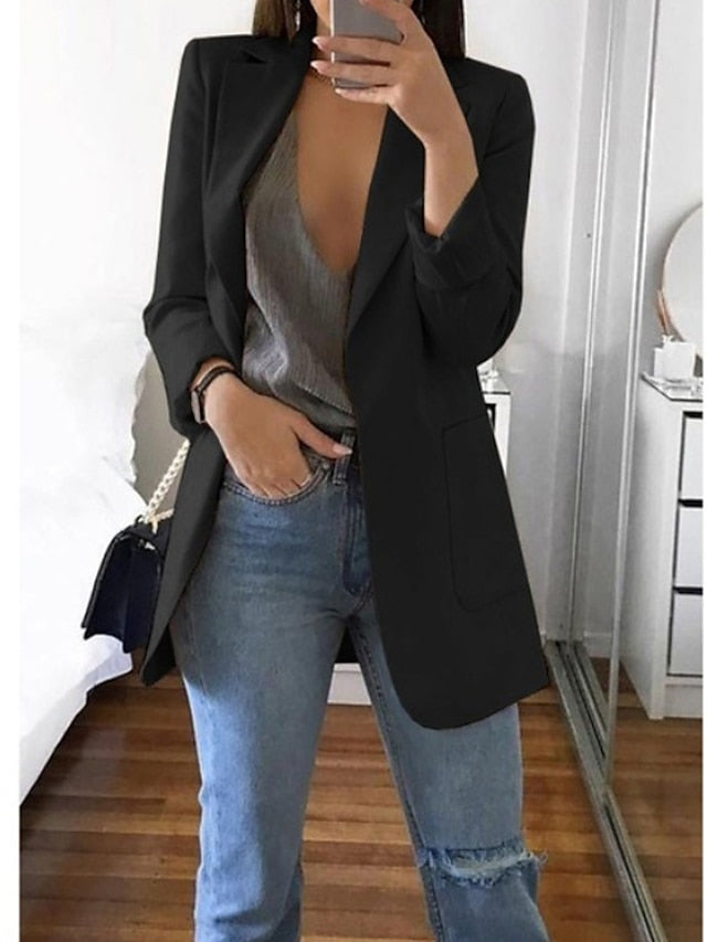 Women's Blazer Casual Pocket Clean Fit Formal Outdoor Daily Wear Polyester Spring Wine Green Black Open Front V Neck Regular Fit S M L XL XXL 3XL / Solid Color - LuckyFash™