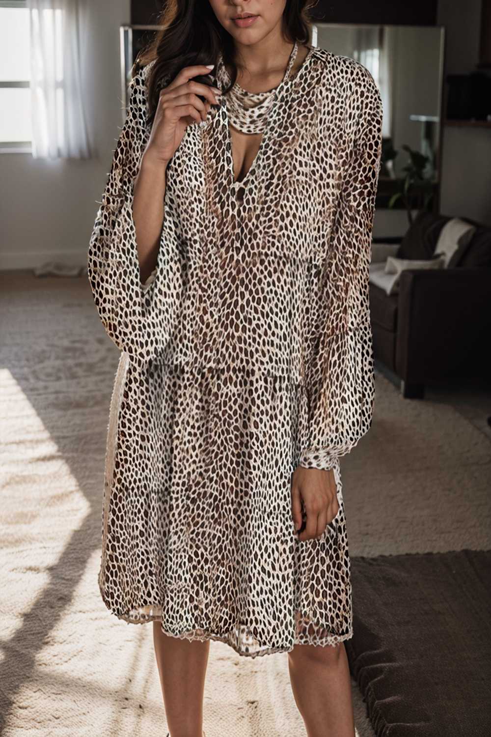 loose leopard print v neck dress drop shoulder a line closed cape paneled 130068