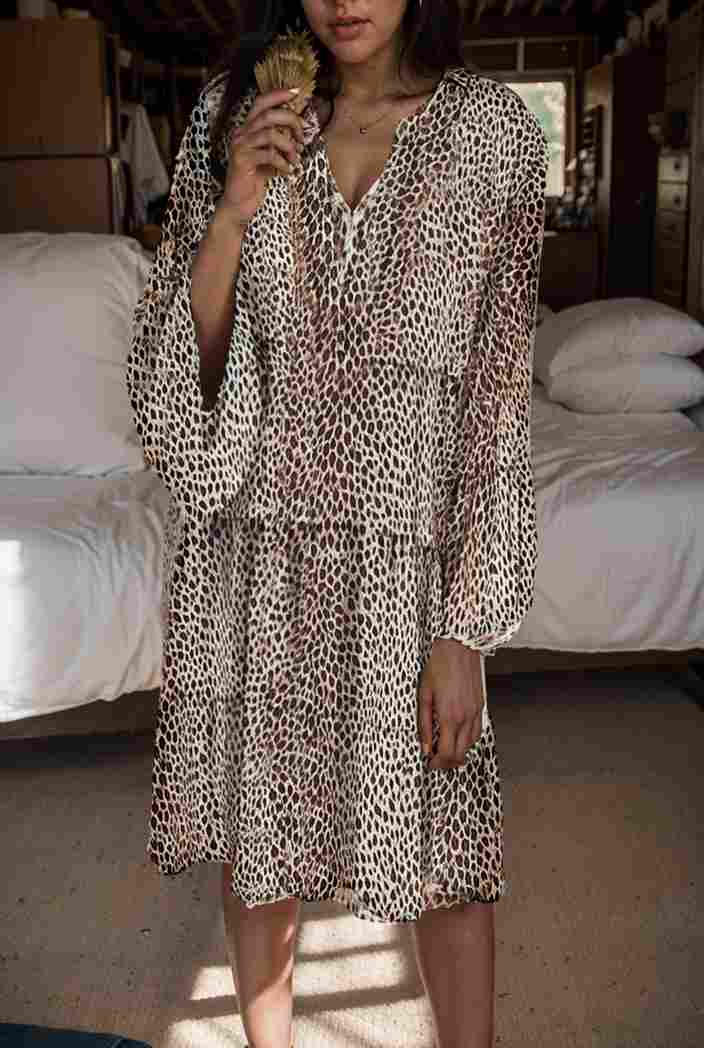 loose leopard print v neck dress drop shoulder a line closed cape paneled 118826