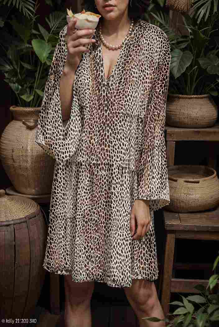 loose leopard print v neck dress drop shoulder a line closed cape paneled 130225