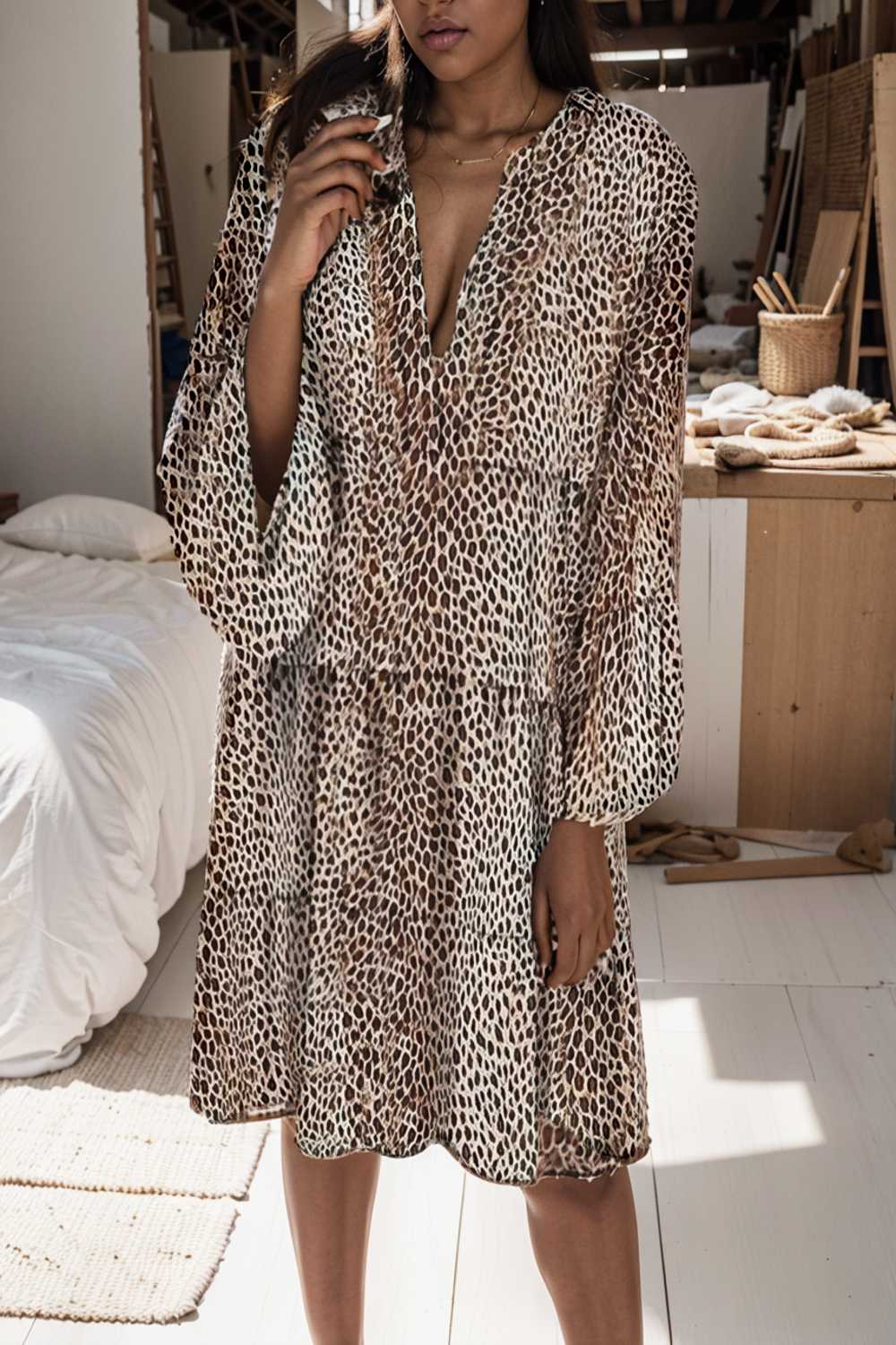 loose leopard print v neck dress drop shoulder a line closed cape paneled 143652