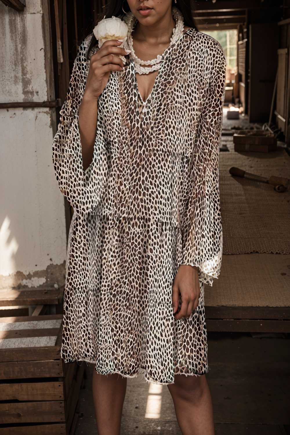 loose leopard print v neck dress drop shoulder a line closed cape paneled 118109