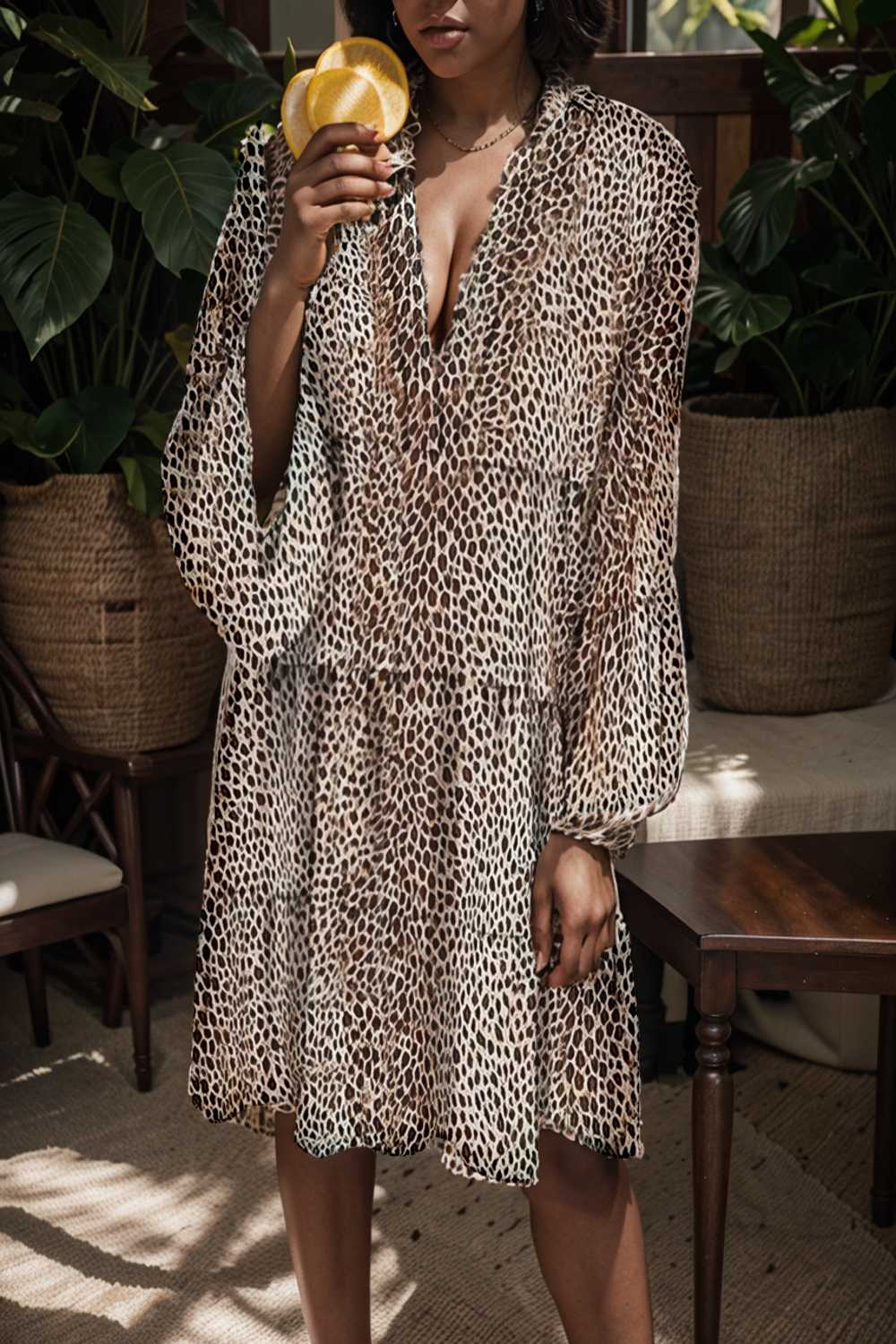 loose leopard print v neck dress drop shoulder a line closed cape paneled 110883