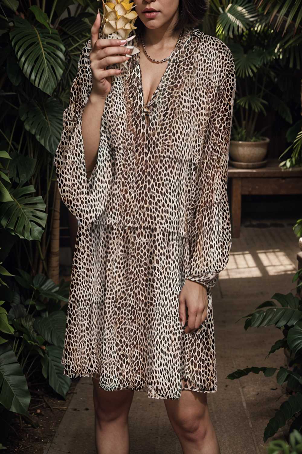 loose leopard print v neck dress drop shoulder a line closed cape paneled 107374