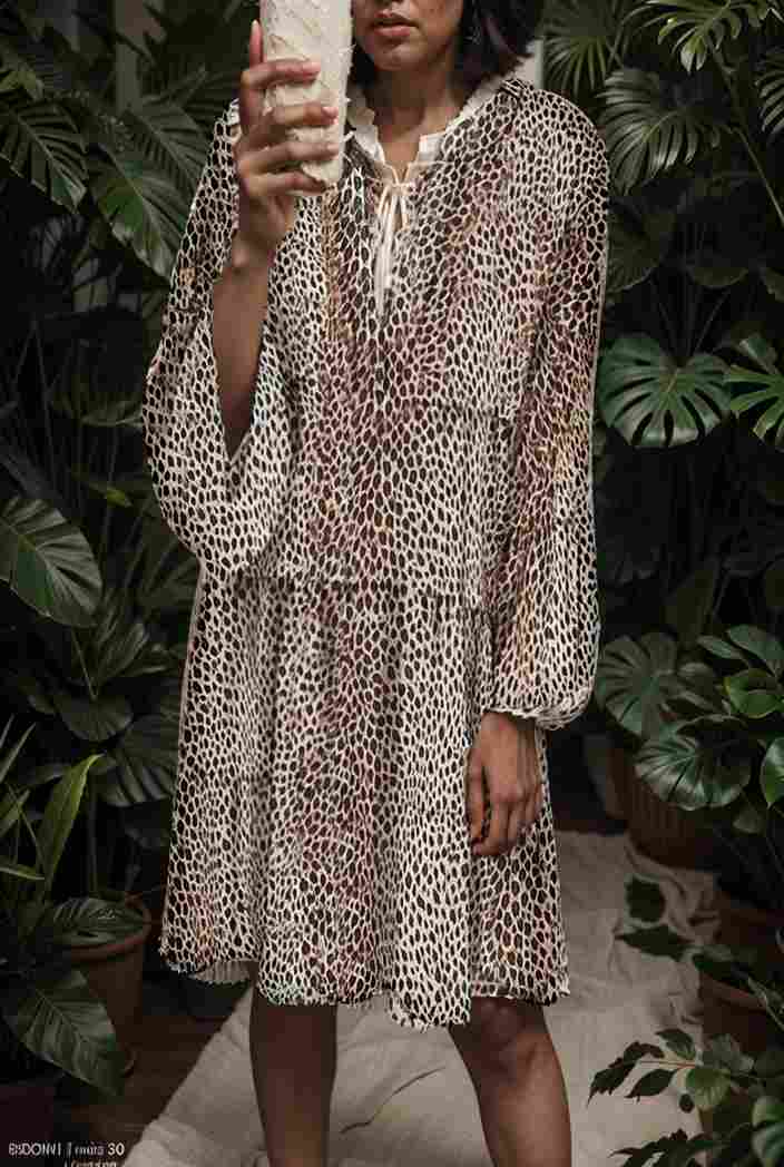 loose leopard print v neck dress drop shoulder a line closed cape paneled 131202