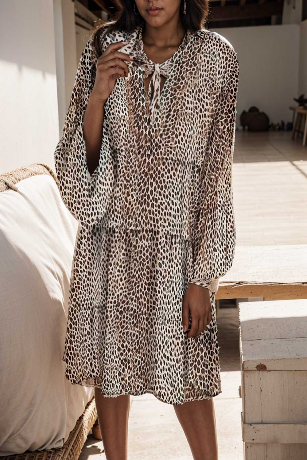 loose leopard print v neck dress drop shoulder a line closed cape paneled 133232
