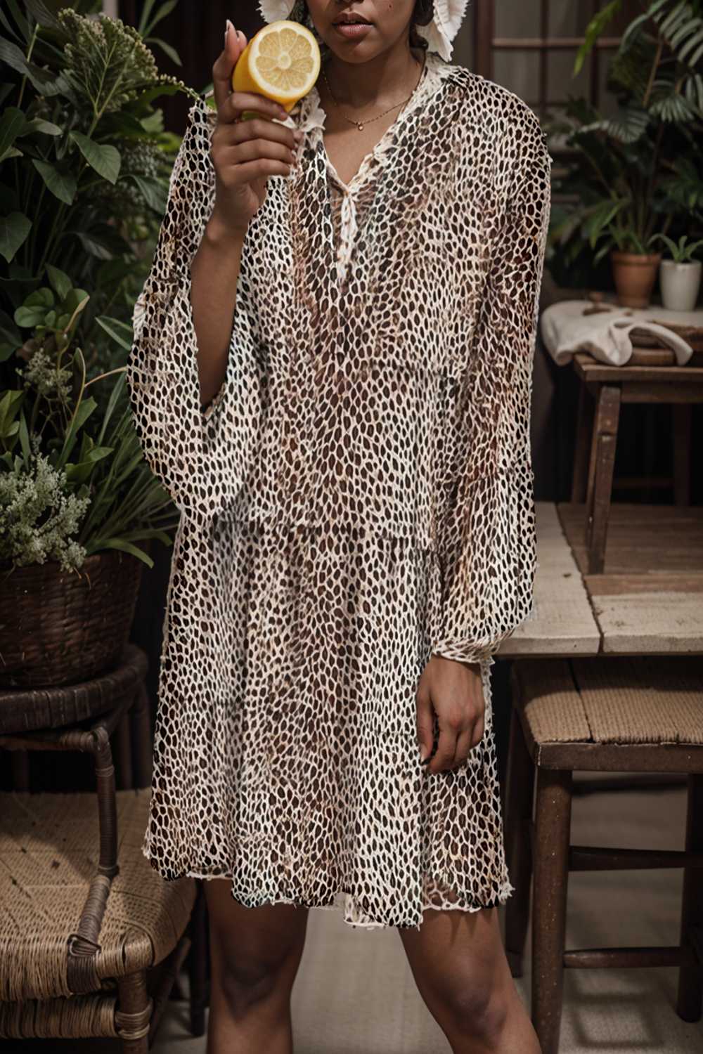 loose leopard print v neck dress drop shoulder a line closed cape paneled 129669