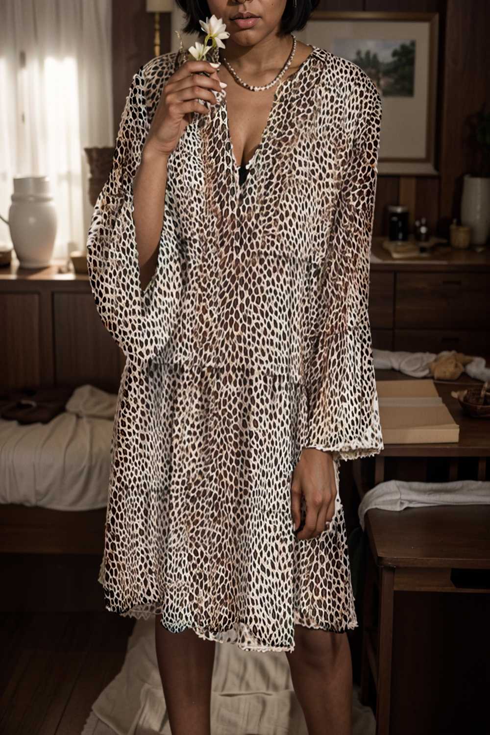 loose leopard print v neck dress drop shoulder a line closed cape paneled 133231