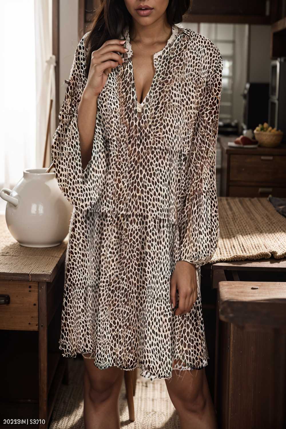 loose leopard print v neck dress drop shoulder a line closed cape paneled 110882