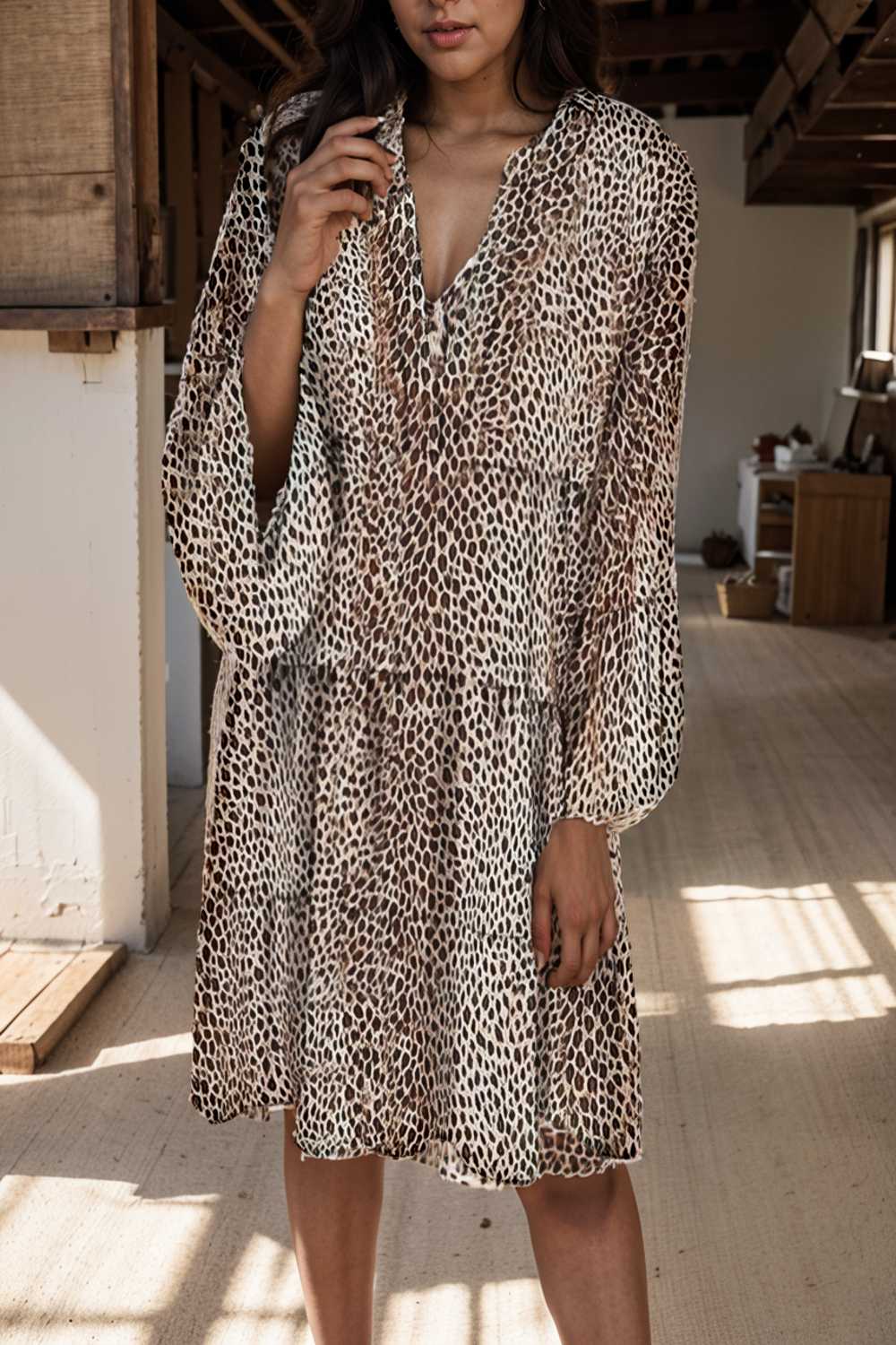 loose leopard print v neck dress drop shoulder a line closed cape paneled 118108