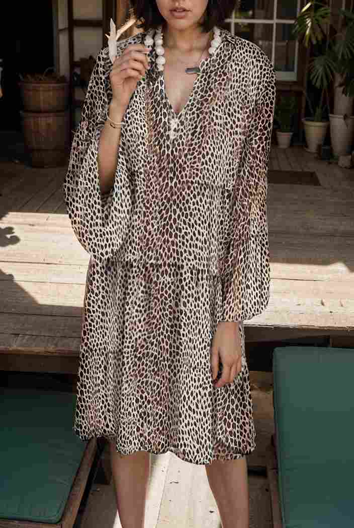 loose leopard print v neck dress drop shoulder a line closed cape paneled 131201