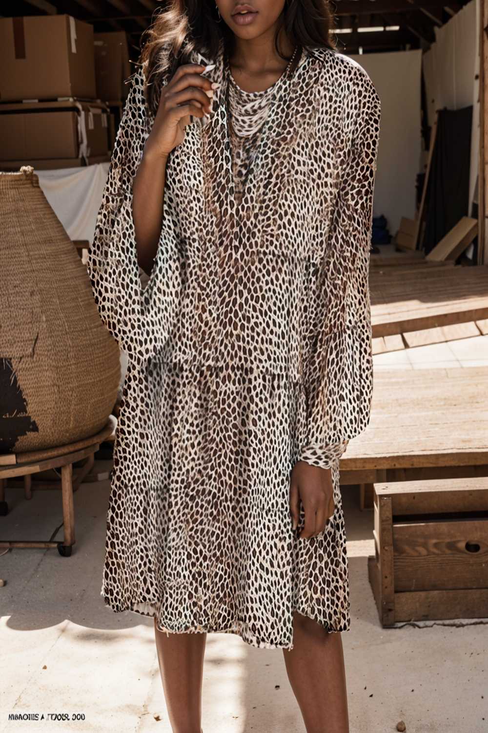 loose leopard print v neck dress drop shoulder a line closed cape paneled 143651