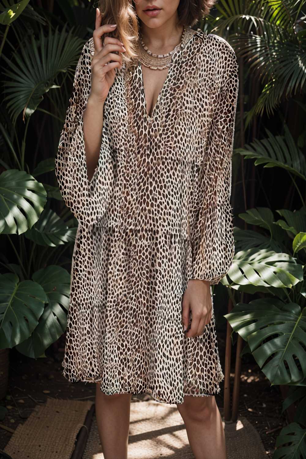 loose leopard print v neck dress drop shoulder a line closed cape paneled 127578