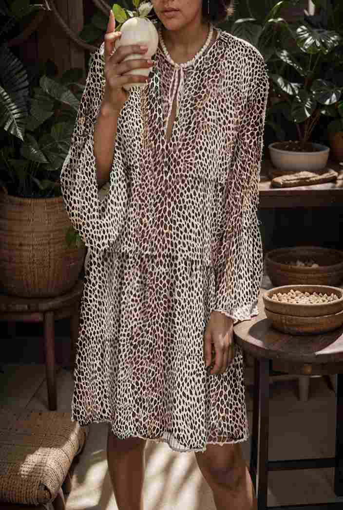 loose leopard print v neck dress drop shoulder a line closed cape paneled 118825