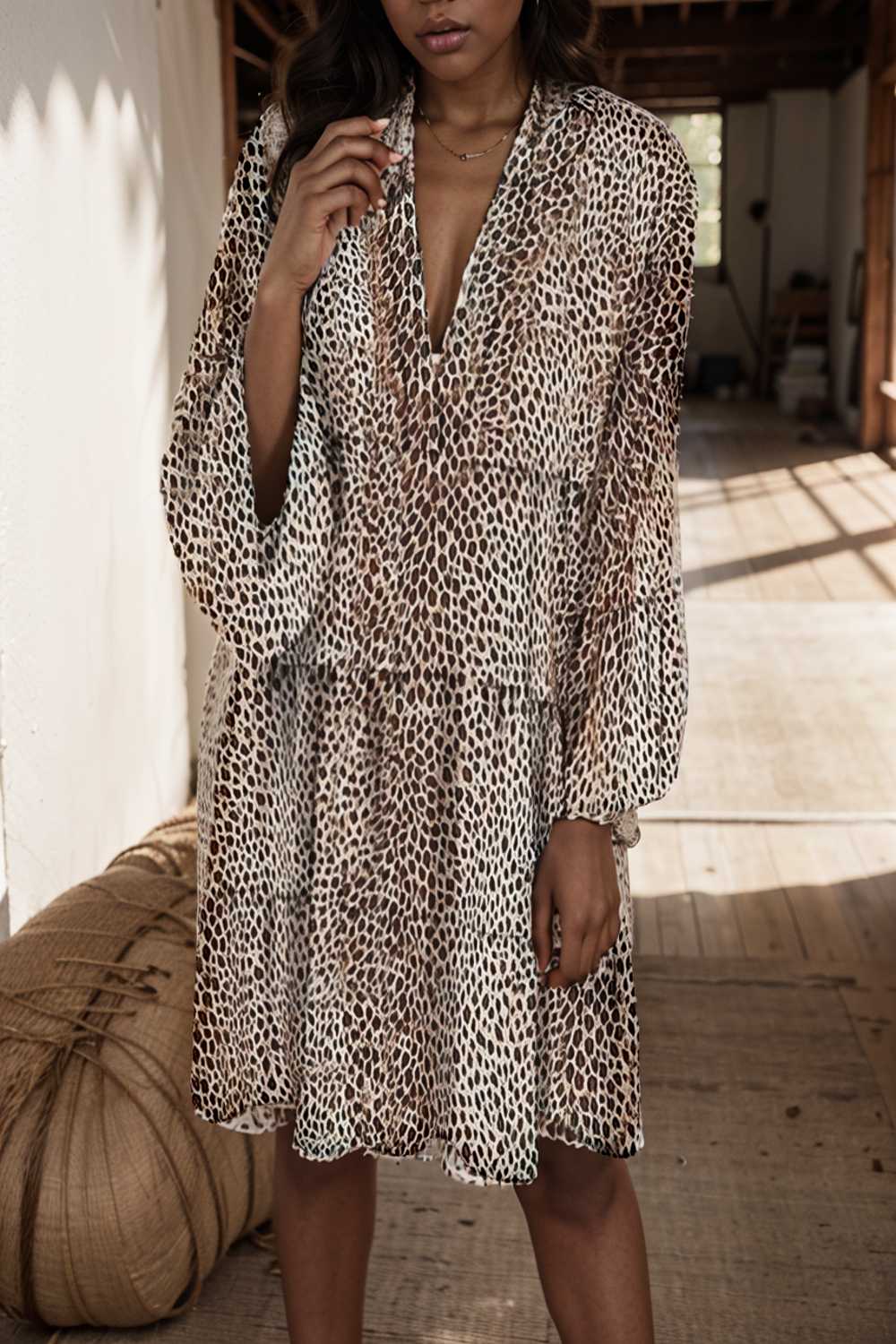 loose leopard print v neck dress drop shoulder a line closed cape paneled 127577