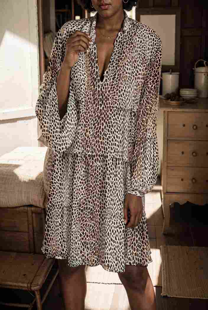 loose leopard print v neck dress drop shoulder a line closed cape paneled 131200