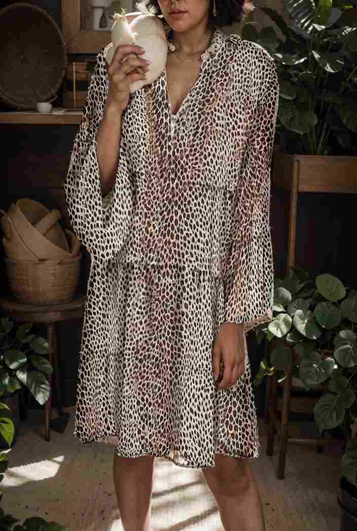 loose leopard print v neck dress drop shoulder a line closed cape paneled 118824