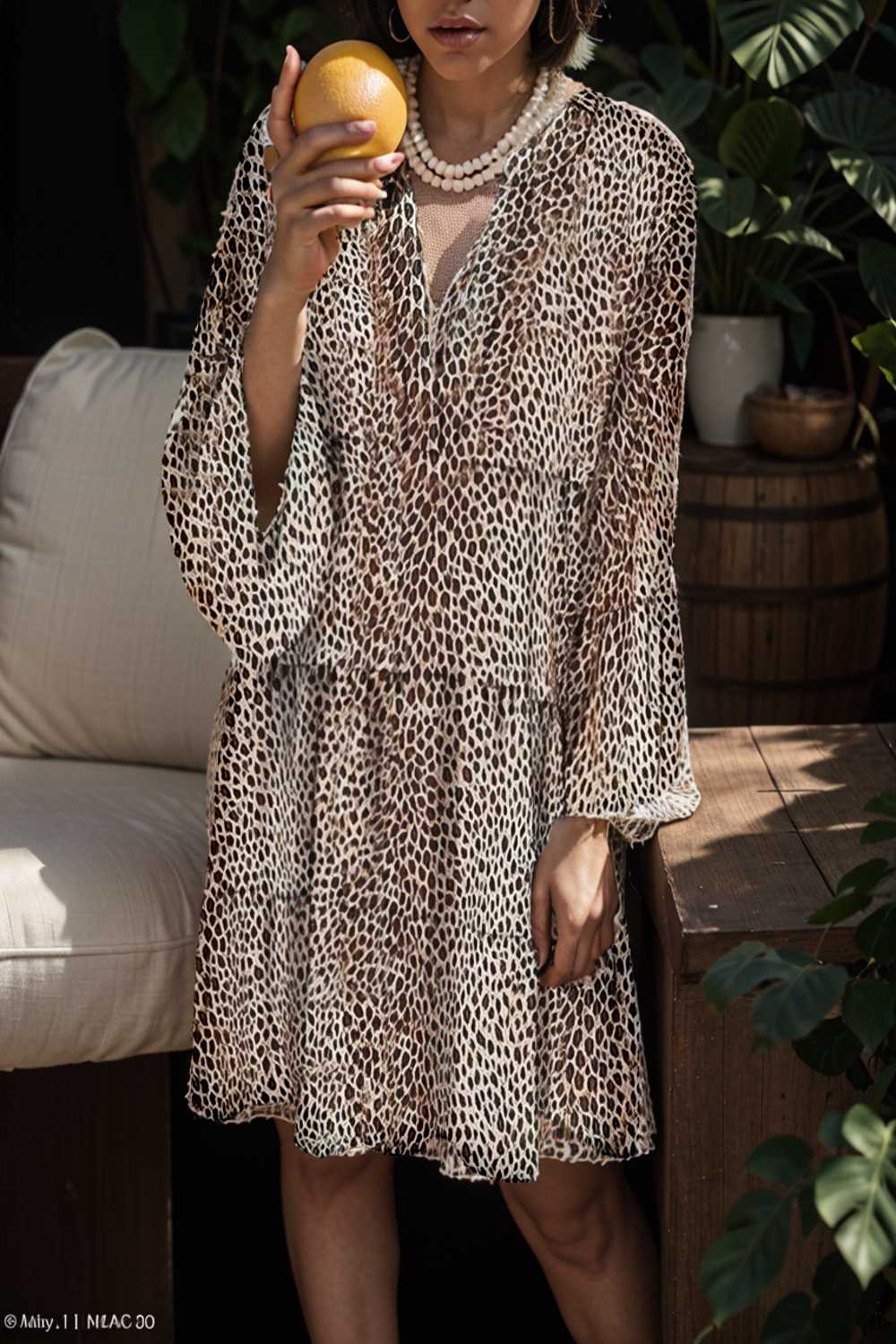loose leopard print v neck dress drop shoulder a line closed cape paneled 127576